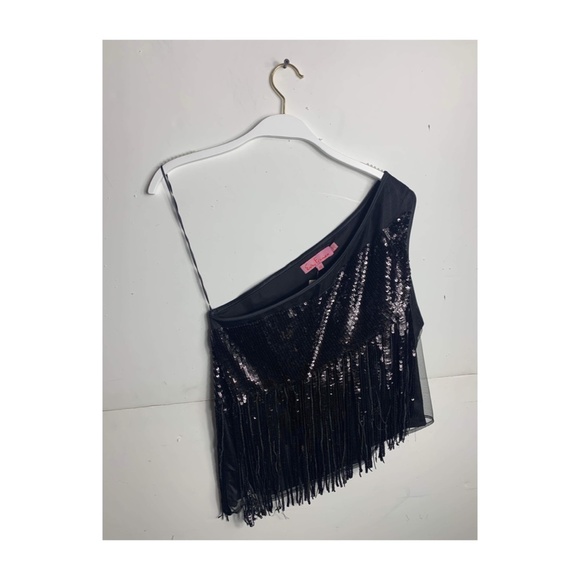 Eva Franco Anthropologie Sequin One-Shoulder Black Cropped Party Top with Fringe - Picture 7 of 10